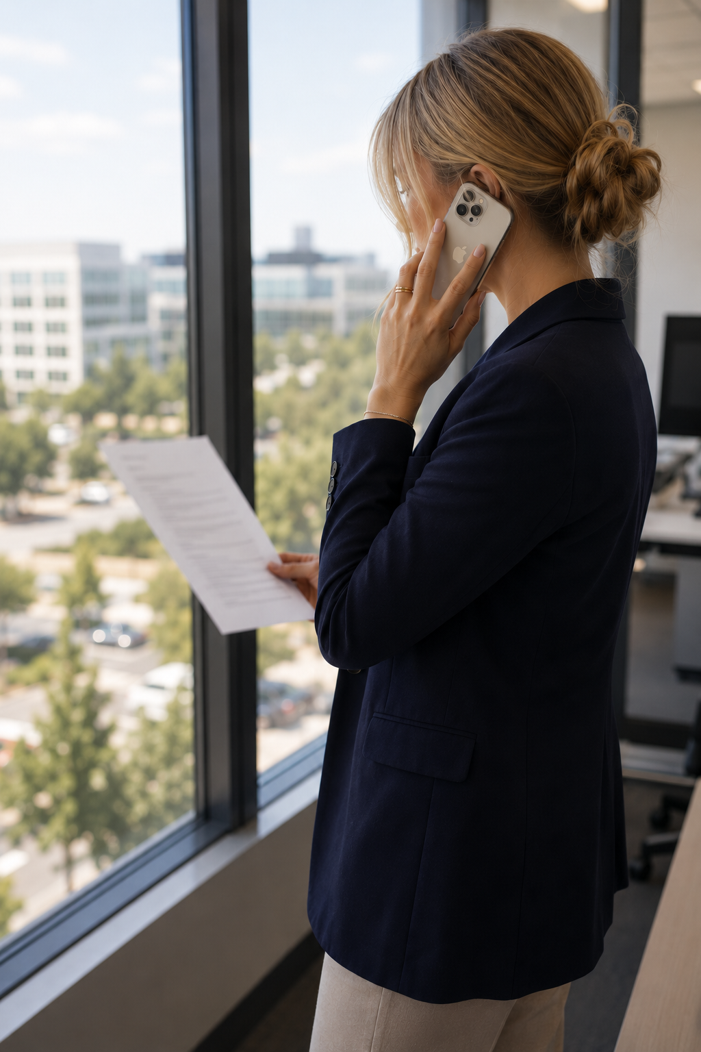 Founder on a phone call reviewing notes by a window