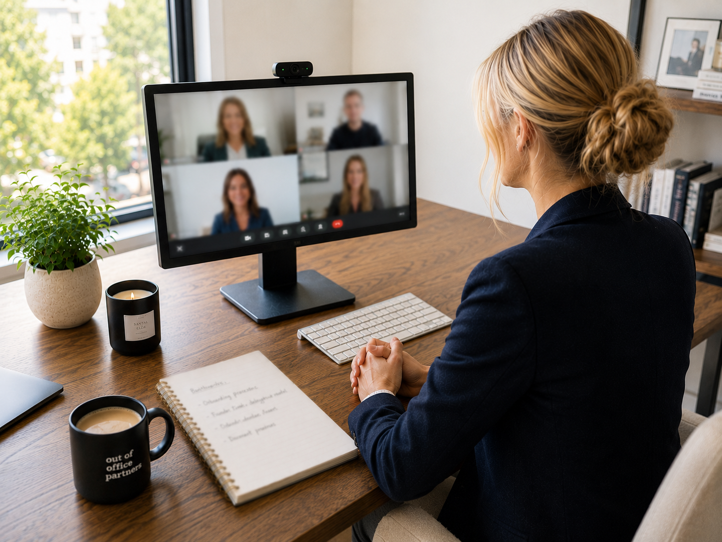 Assistant on a video call at a bright desk, with an Out of Office Partners mug and notes