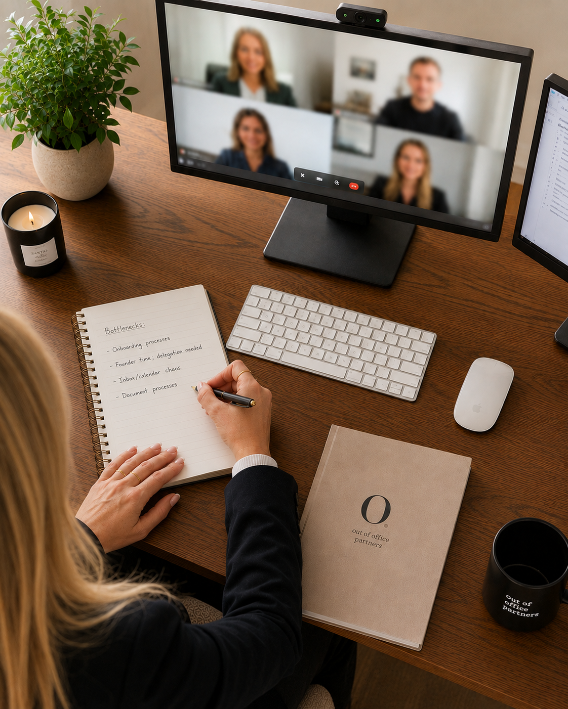 Assistant on a video call, noting down client bottlenecks like onboarding and inbox chaos